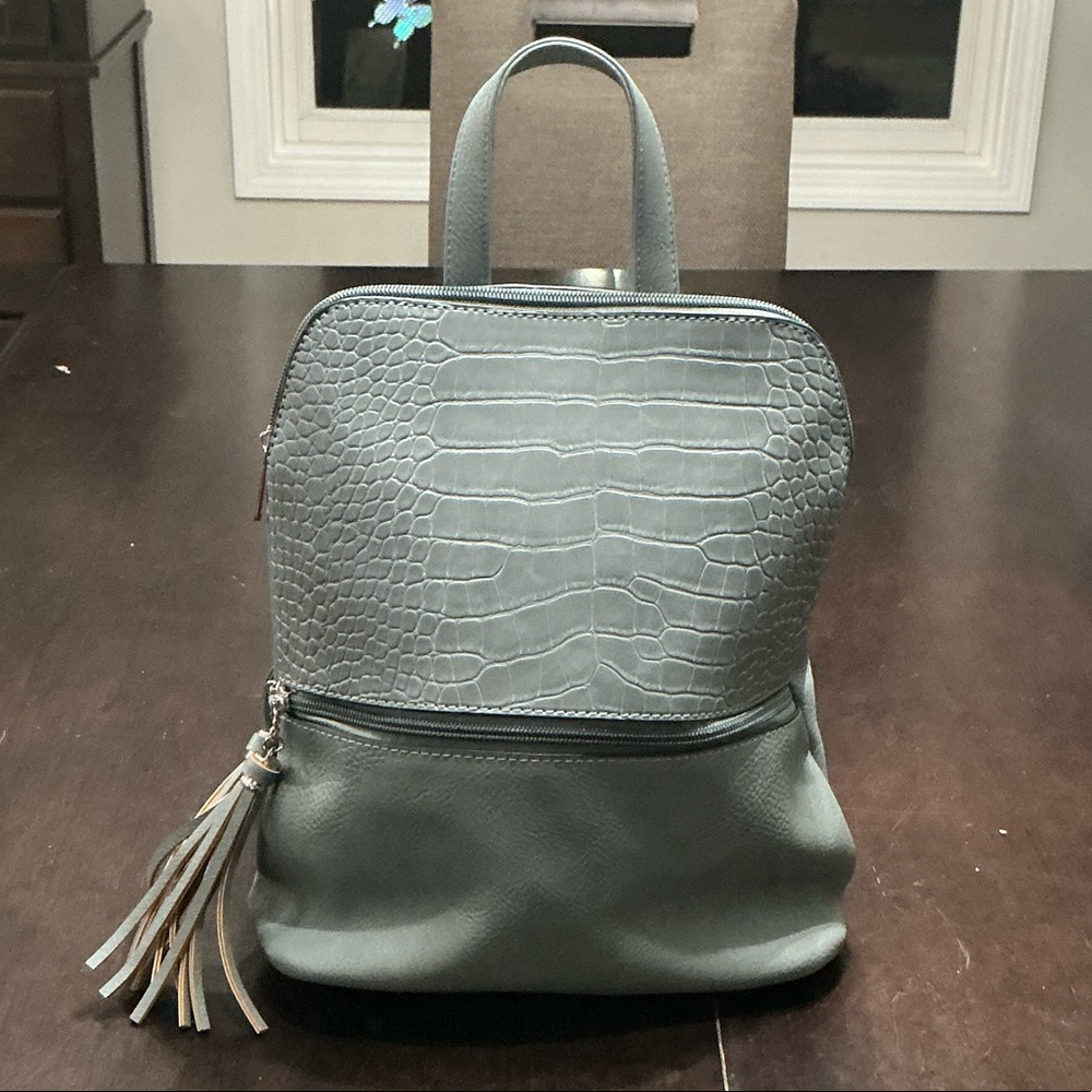Contemporary Bluish/Gray Crocodile-Embossed Backpack by K. Carroll